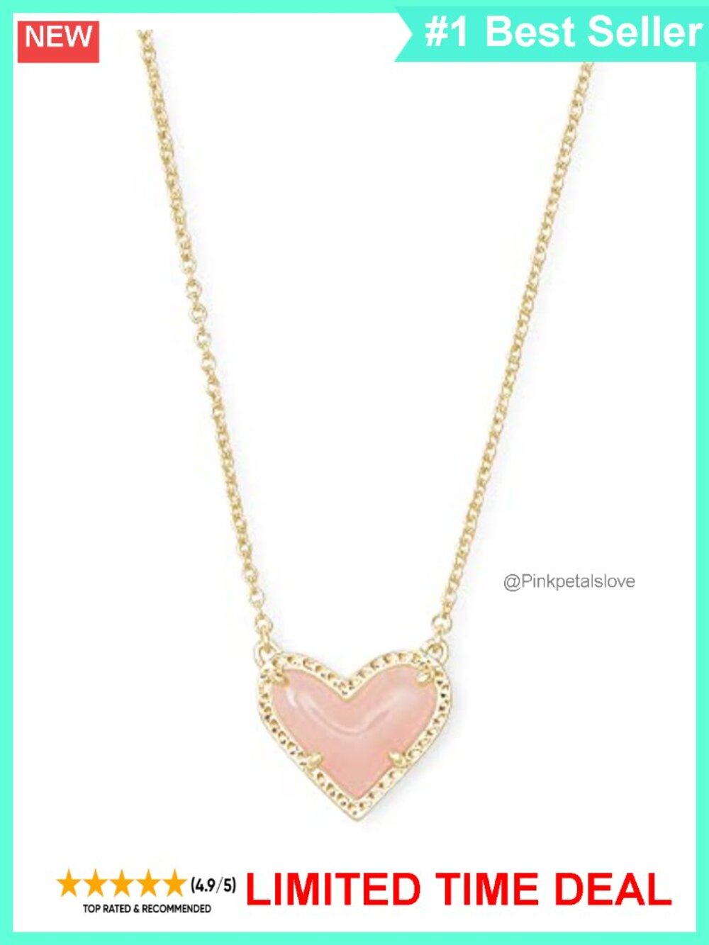 Heart Pendant Necklace 14k Gold Plated Rose Quartz 15in Adjustable
